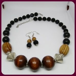 Wood Bead Necklace & Earrings Set